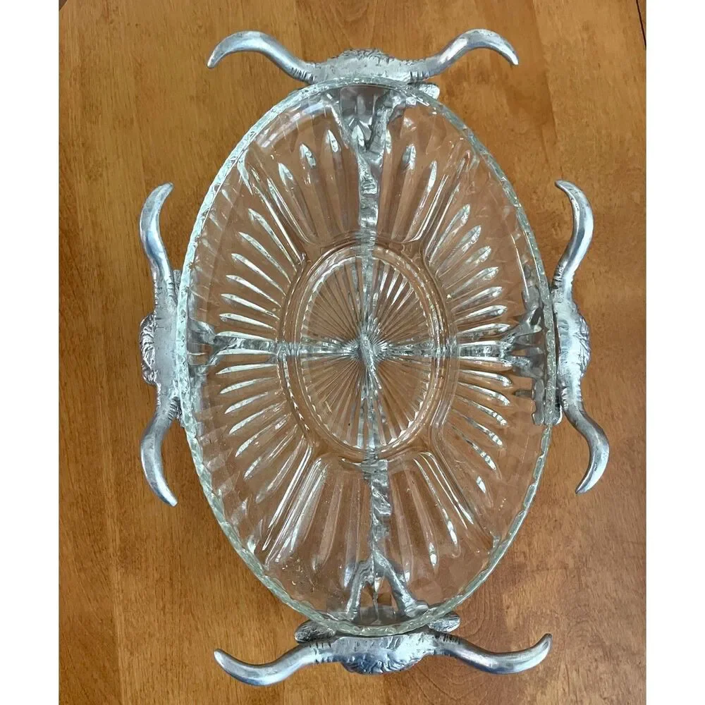 Arthur Court? Texas Bull Longhorn Cow Glass Eyes Serving Dish &Insert Signed Vtg